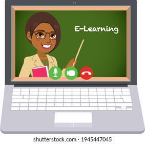 E-learning African American female teacher teaching online from laptop home schooling concept