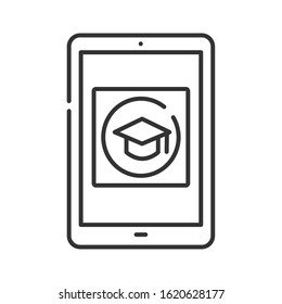 E-learning app in tablet black line icon. Online education website concept. Study program, courses app. User interface display. Sign for web page, mobile app, button, logo. Editable stroke.