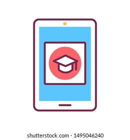 E-learning app in tablet color line icon. Online education website concept. Study program, courses app. User interface display. Sign for web page, mobile app, button, logo. Editable stroke.