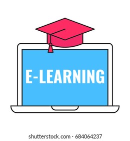 E-learning, emblema, ícone, logotipo, laptop e chapéu de estudo. Ilustração vetorial sobre fundo branco.