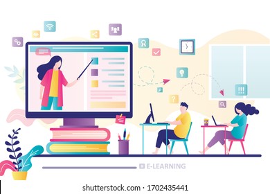 E-learning banner concept. Online education, home schooling. Woman teacher on monitor screen. Group of students in distance learning. Web courses or tutorials. Education vlog. Flat vector illustration