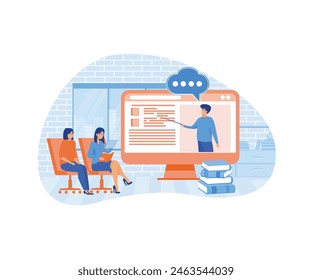 E-learning banner concept. Online education, home schooling. Man teacher on monitor screen. Group of students in distance learning. flat vector modern illustration 