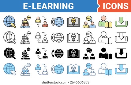 Ícone de banner de e-learning definido com coleção de vários estilos.