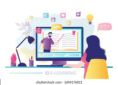 E  learning banner  Online education  home schooling  Modern workplace  man teacher laptop screen  woman watching online course  Web courses tutorials concept  Education vlog  Vector illustration