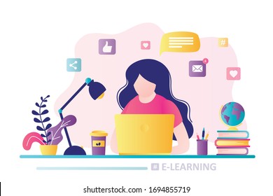 E-learning banner. Online education, home schooling. Modern workplace, Girl student working on laptop. Web courses or tutorials concept. Education concept. Flat Vector illustration