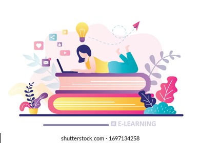 E-learning banner. Online education, home schooling. Girl student working on laptop. Web courses or tutorials. Education, brainstorming concept. Woman lies on stack of books. Flat vector illustration