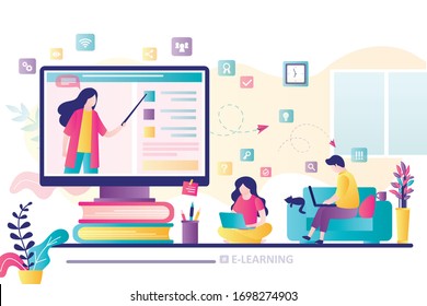 E-learning banner. Online education, home schooling. Woman teacher on monitor screen. Group of students in distance learning. Web courses or tutorials concept. Education vlog. Flat vector illustration