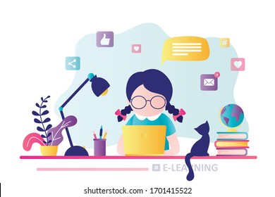 E-learning banner. Online education, home schooling. Modern workplace, girl preschooler student working on laptop. Web courses or tutorials concept. Education and chatting concept. Vector illustration