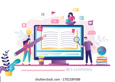 E-learning banner. Online education, home schooling. Modern workplace,monitor with open textbook. Various students learning. Web courses, tutorials. Education technology concept. Vector illustration