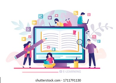 E-learning banner. Online education, home schooling. Display with open textbook. Group of various students learning. Web courses, tutorials. Education technology concept. Vector illustration svg