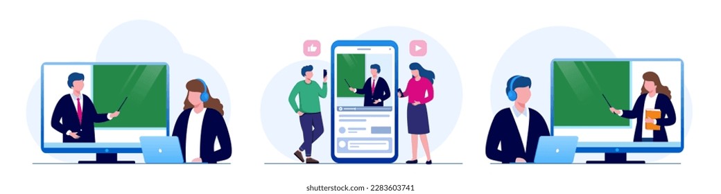 E-learning banner. Online education, home schooling. Modern workplace, teacher on laptop screen, people watching online course. Web courses or tutorials concept. Education concept. Vector illustration