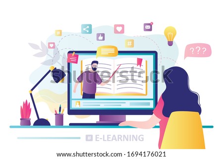 E-learning banner. Online education, home schooling. Modern workplace, man teacher on laptop screen, woman watching online course. Web courses or tutorials concept. Education vlog. Vector illustration