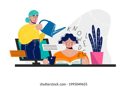 Banner de e-learning. Educación en línea. Joven estudiando en línea. Escuela de Internet, servicio de profesores profesionales. Ilustración vectorial plana.