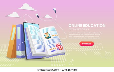 E-learning banner. Online education.education landing page template for Web courses or tutorials concept 3d vector illustration