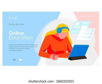 E-learning banner template. Girl reading book sitting in front of laptop computer screen. Distant tutor, distant school or digital library. Online education concept. flat vector illustration