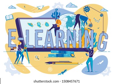 E-learning Banner, Training Young People to Gain Knowledge from Internet. Online Students Education Design Composition. Big Laptop, Learning Men And Woman Around. Cartoon Flat Vector Illustration