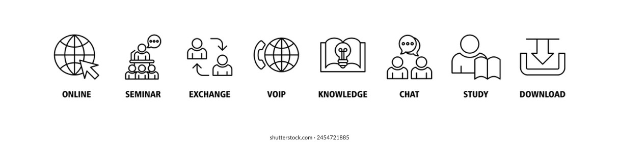 E-learning banner web icon set vector illustration concept with icon of online, seminar, exchange, voip, knowledge, chat, study and download