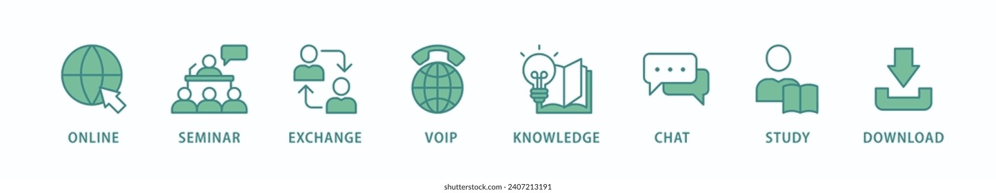 E-learning banner web icon vector illustration concept with icon of online, seminar, exchange, voip, knowledge, chat, study and download