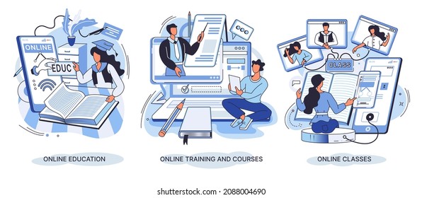 E-learning banners set. Online education, home schooling, online classes, training and courses. Web tutorials concept. Education vlog. Distance web learning with education platform, workshop, webinar