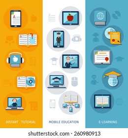 E-learning banners vertical set with distant tutorial mobile education flat elements isolated vector illustration