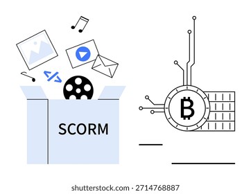 E-learning, blockchain, criptomonedas, pagos digitales, educación en línea, codificación. Abra la caja SCORM con iconos de archivos multimedia. Blockchain y concepto de pago digital con símbolo de Bitcoin. Aprendizaje electrónico