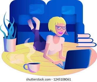 e-learning. Blonde woman studying at home. Young girl lying on the floor with laptop. telework at home