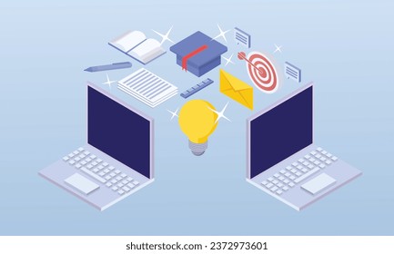 E-learning.on blue background.3D design.isometric vector design Illustration.