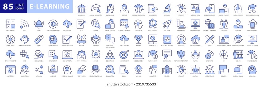 E-learning Blue Outline icon set. Online education Elements Outline icon set. Thin line icons set. Smart Learning. Containing online tuition, e-learning, video courses,, etc. Vector illustration svg