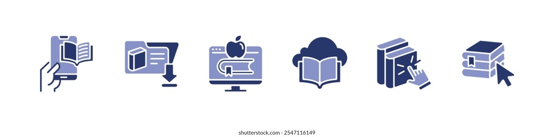 Conjunto de iconos de Descarga de libro de aprendizaje electrónico Educación en línea Biblioteca digital Leer revista Literatura Signos Ilustración vectorial