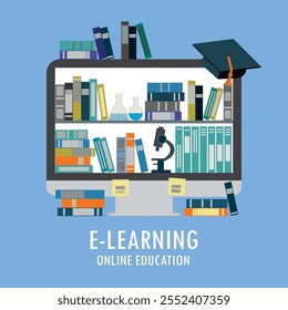 E-learning - books, microscope, test tubes on monitor screen. online library, education and science concept. Studying process, online technology. flat design vector illustration