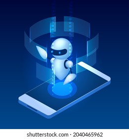 E-learning bot. Ai teacher mobile chatbot, digital artificial intelligence personalized knowledge robot, students robotics learning, electronic video chat education vector illustration