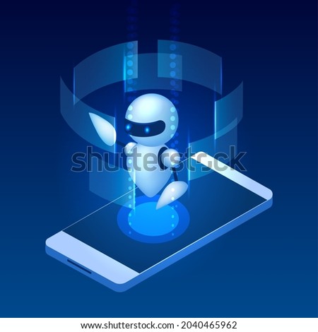 E-learning bot. Ai teacher mobile chatbot, digital artificial intelligence personalized knowledge robot, students robotics learning, electronic video chat education vector illustration