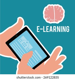 E-learning, brain  and hands over blue color background