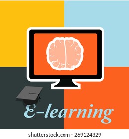 E-learning, , brain and screen computer  over color background