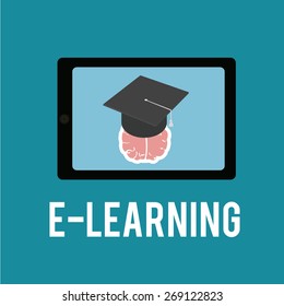 E-learning, brain, tablet and mortarboard blue over color background