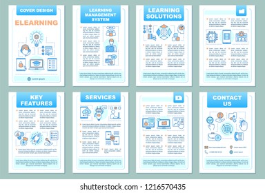 E-learning brochure template layout. Online learning. Flyer, booklet, leaflet print design with linear illustrations. Distance education. Vector page layouts for magazine, reports, advertising posters