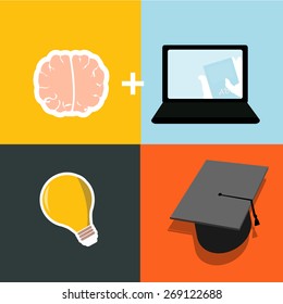 E-learning, bulb, brain, mortarboard and laptop color background
