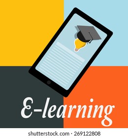 E-learning, bulb, cell phone and mortarboard over color background