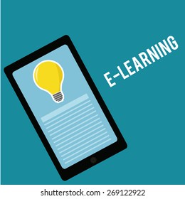 E-learning,  bulb  and cell phone over  blue color background
