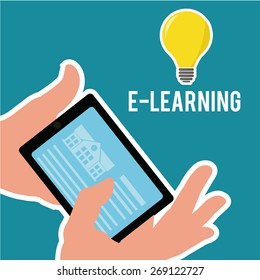 E-learning, bulb, hands  and tablet over blue color background