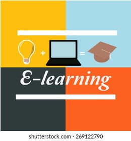 E-learning, bulb, laptop and mortarboard over color background