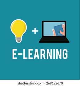 E-learning, bulb and laptop over color background