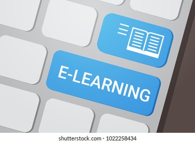 E-learning Button On Laptop Keyboard Online Education Concept Flat Vector Illustration
