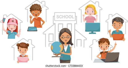 e-Learning child concept. Study at home or study online. Illustration for elementary school. Teachers are playing live video teaching students. Children enjoy learning at home.Technology for Education