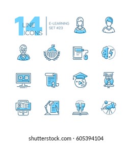 eLearning- coloured vector modern single line icons set. Male and female student, teacher, monitor, certificate of degree, tablet, owl, telescope, brain power.