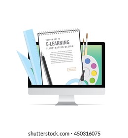 e-learning with computer, learning through an online network. with supplies such as pens, book wire, compasses, palette, brush. meaning to learn a variety of subjects quick and easy, Vector.