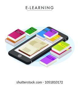 e-Learning concept with 3D books on smart phone device.