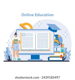 E-Learning Concept. Accessible knowledge through online education platforms. Virtual classrooms and digital resources for all ages. Continuous learning and development. Flat vector illustration.