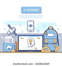 E-Learning concept for application development. Back to school. Flat line design concept for education.