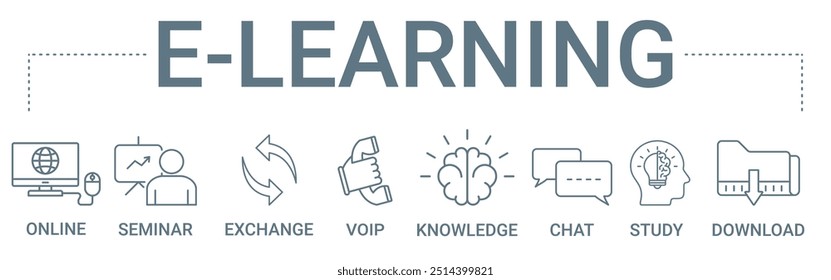 E-Learning-Konzept-Banner-Symbol enthält von Online-, Seminar-, Austausch-, Voip-, Wissen-, Chat-, Studien- und Download-Vektorgrafik